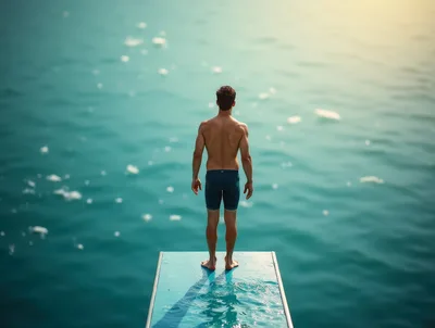 Athletic Man Standing On Diving Board Over Ocean