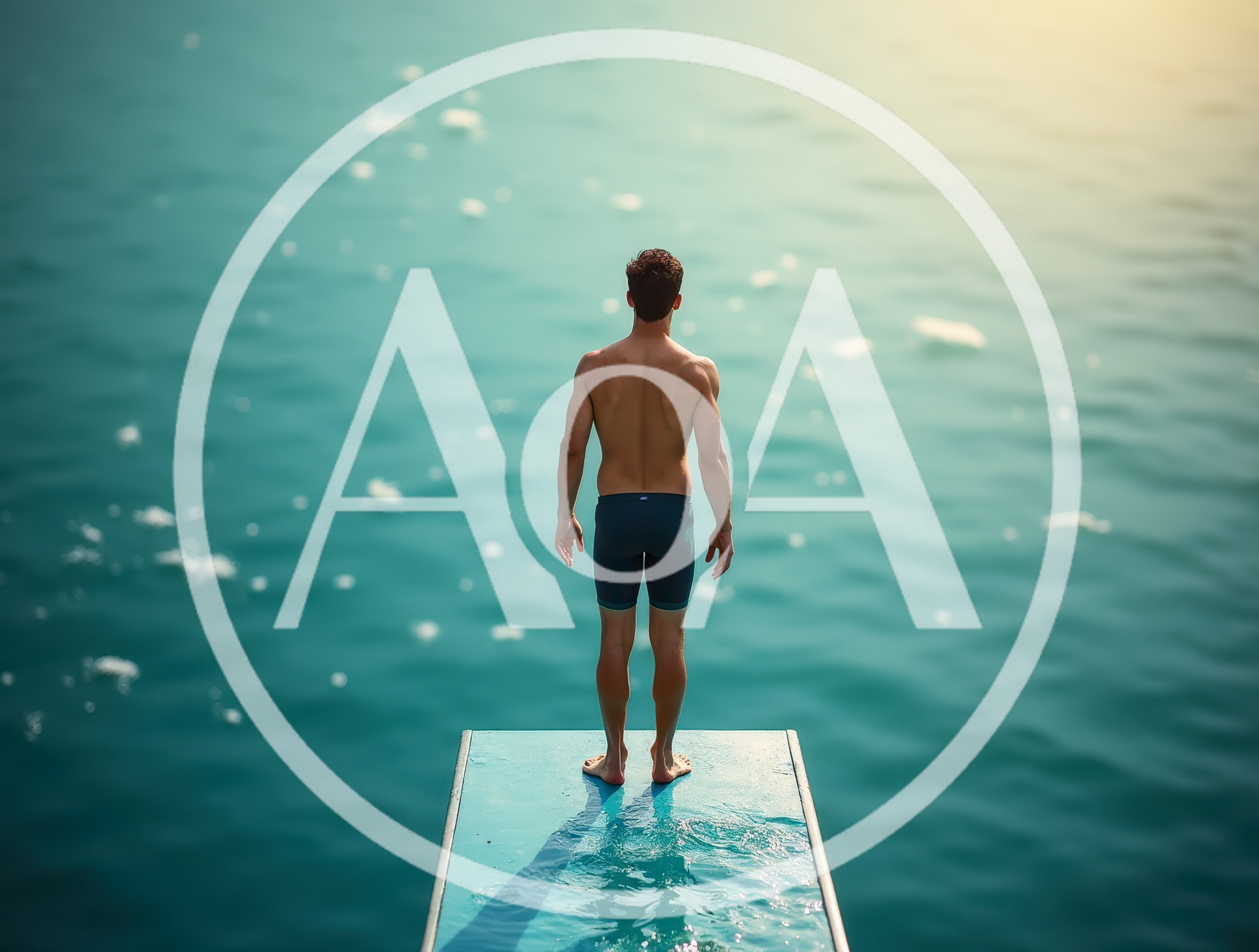 Athletic Man Standing On Diving Board Over Ocean