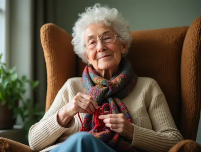 Elderly Woman Knitting In A Comfortable Armchair