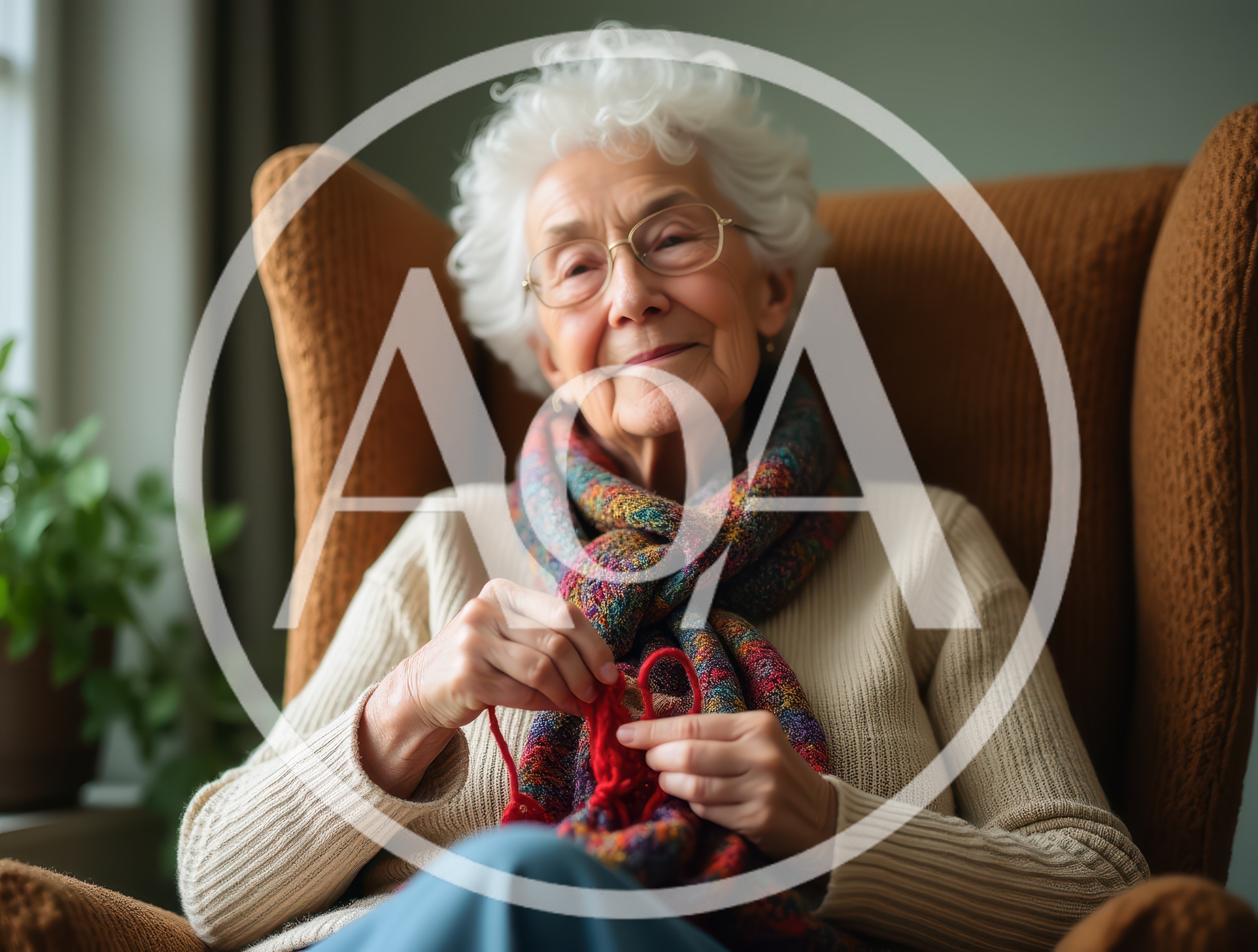 Elderly Woman Knitting In A Comfortable Armchair