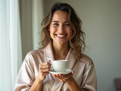 Smiling Woman Holding A Coffee Cup In A Robe
