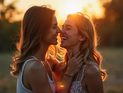 Two Happy Women Embracing During Golden Hour