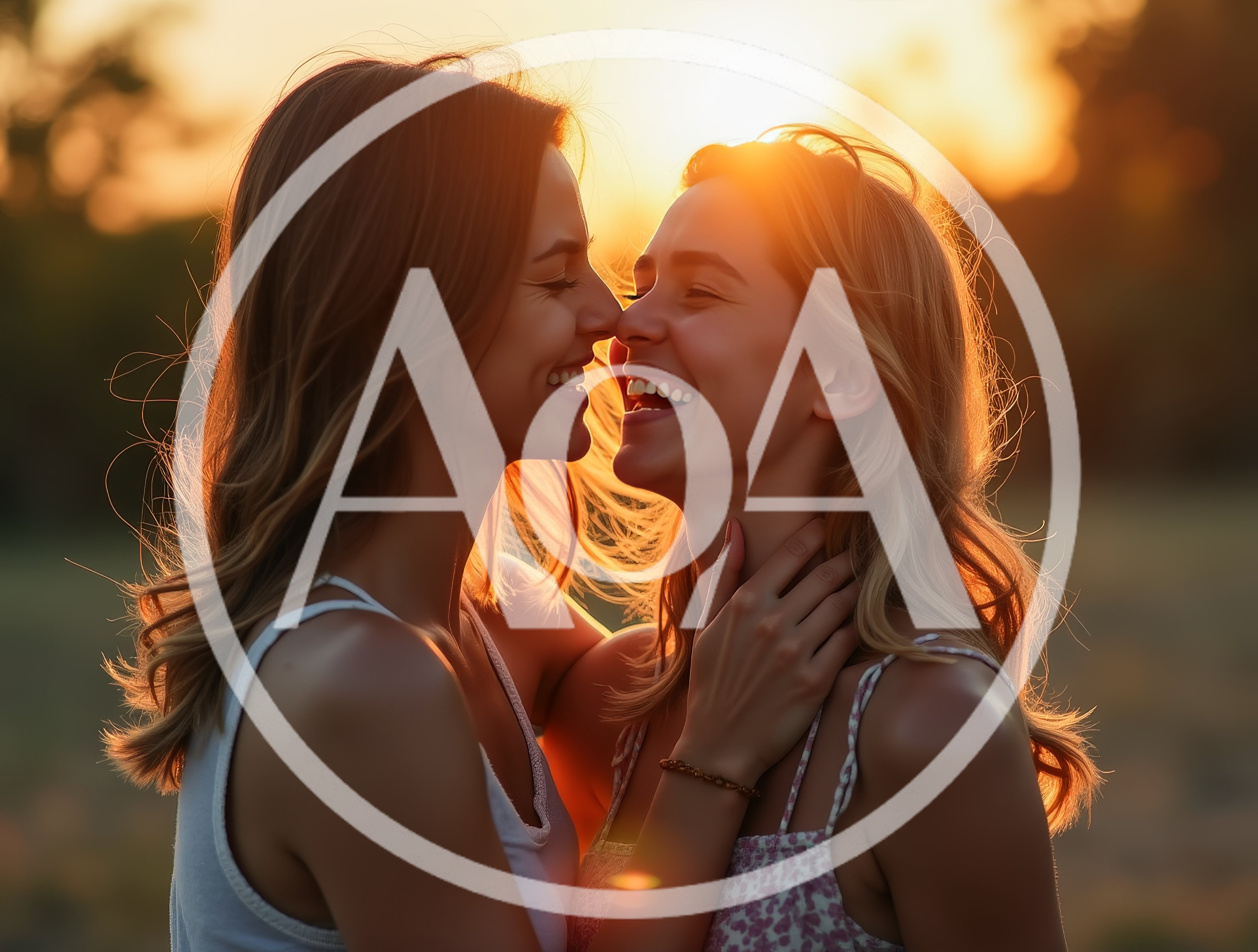 Two Happy Women Embracing During Golden Hour