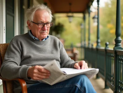 Senior Man Reading Newspaper on Porch
