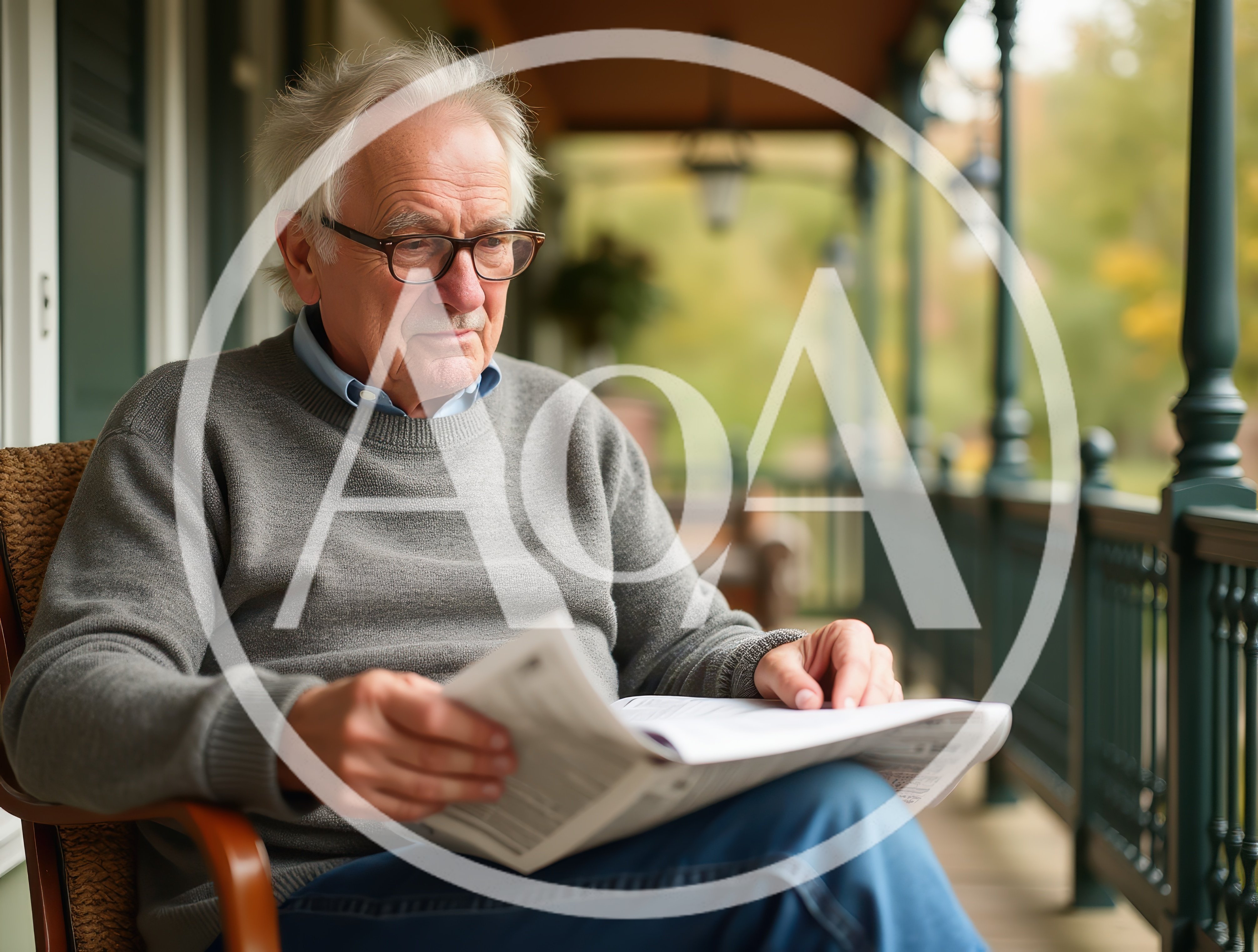 Senior Man Reading Newspaper on Porch