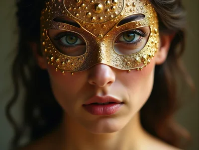 Portrait Of A Woman Wearing An Ornate Gold Mask