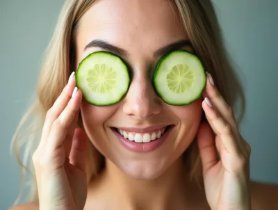 Young Woman Applying Cucumber Slices To Her Eyes