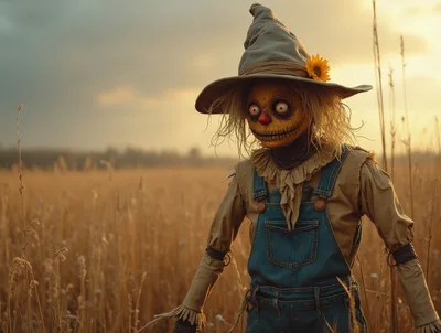 Creepy Scarecrow Standing In A Golden Wheat Field