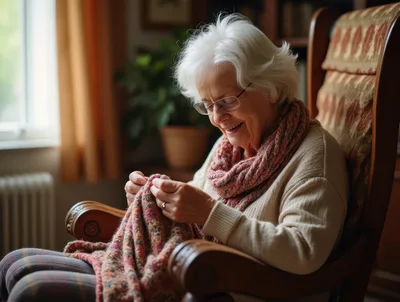 Elderly Woman Knitting In A Comfortable Armchair