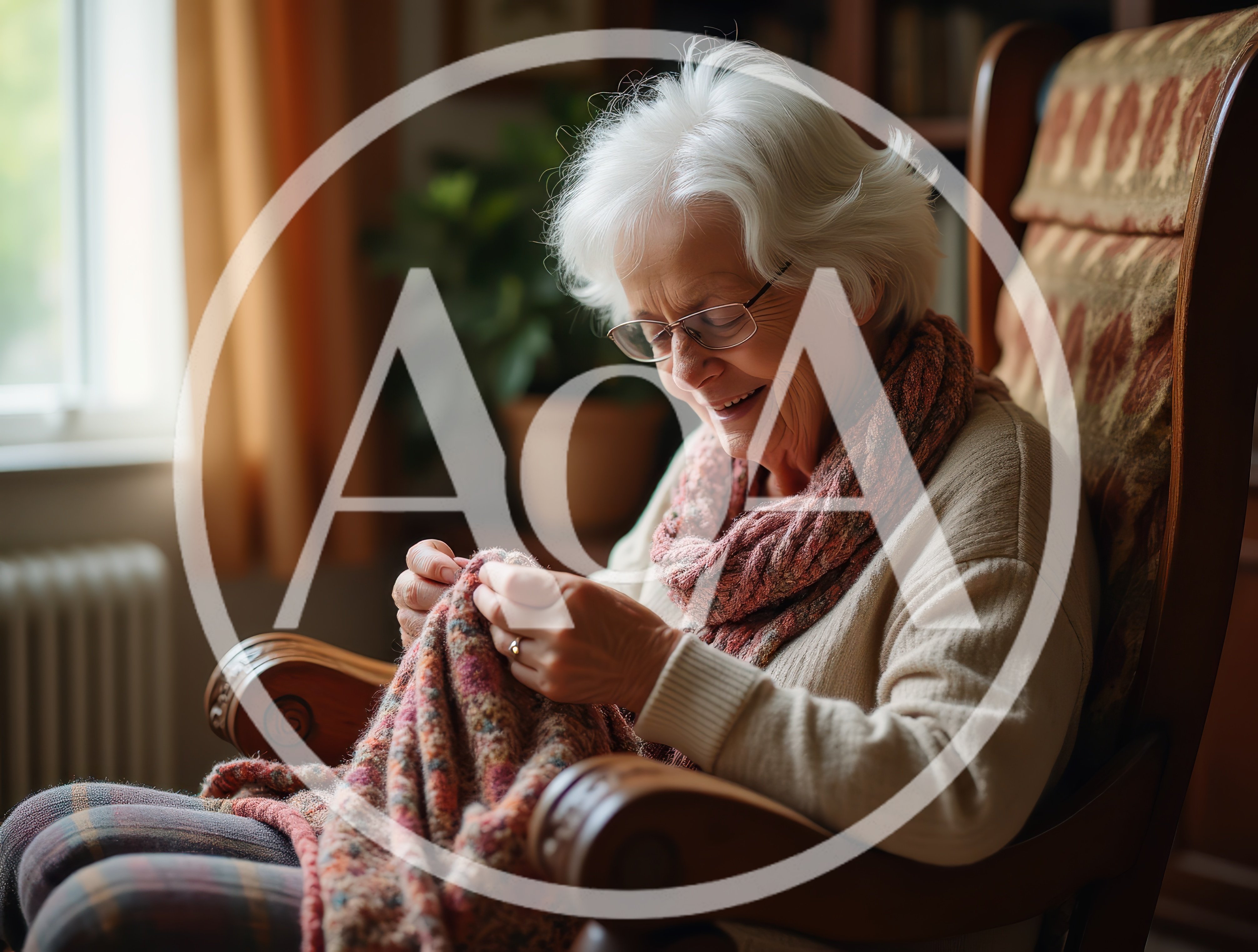 Elderly Woman Knitting In A Comfortable Armchair