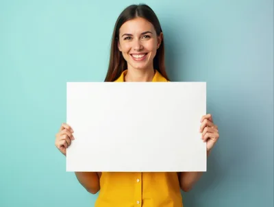 Smiling Woman Holding Blank White Sign