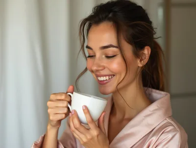 Smiling Woman Enjoying Morning Coffee in Silk Robe