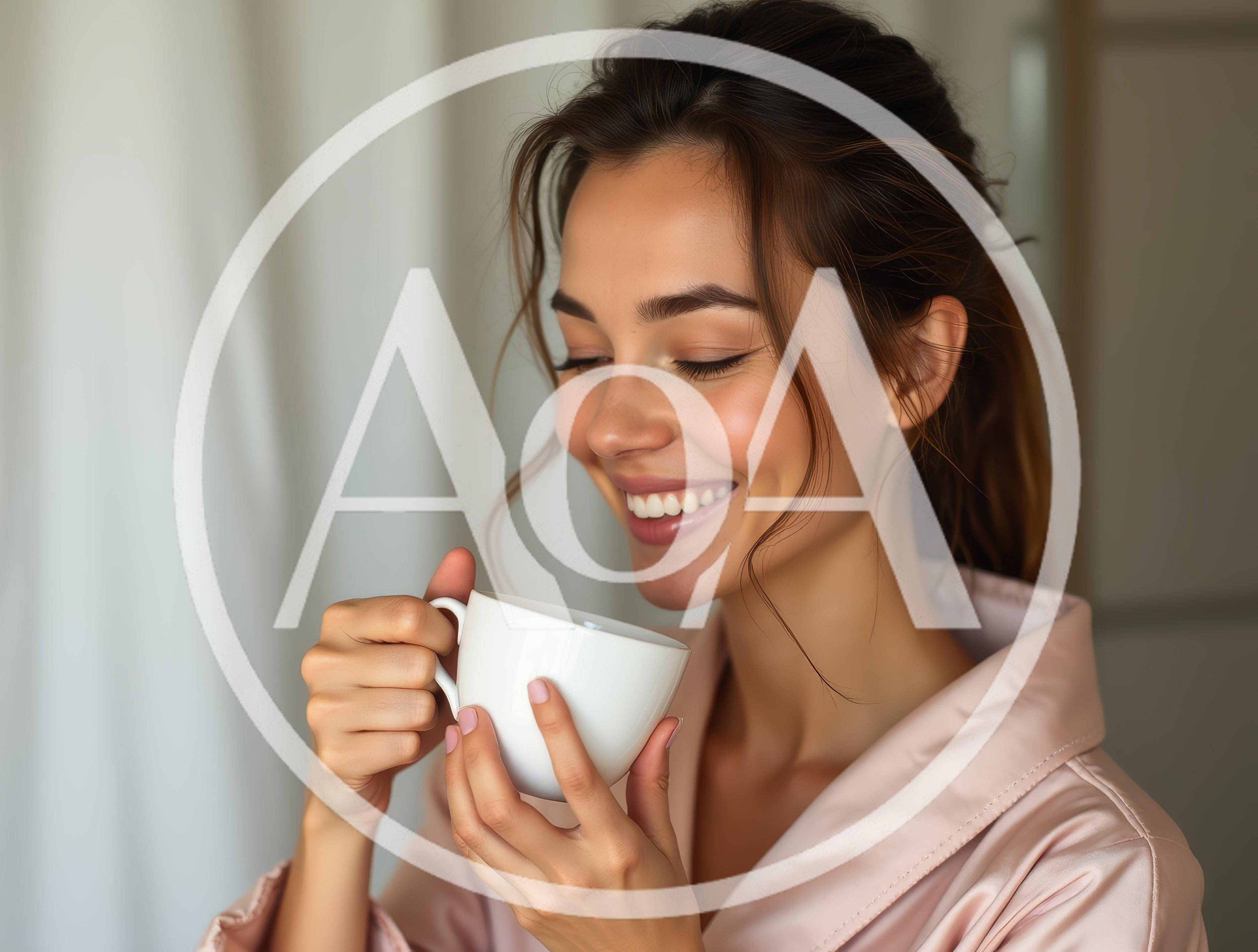 Smiling Woman Enjoying Morning Coffee in Silk Robe