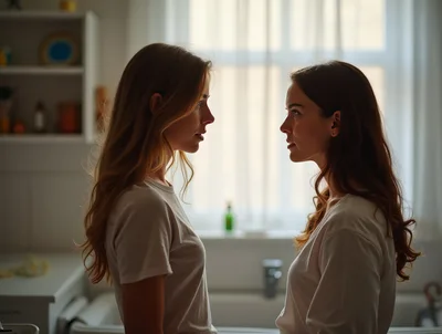 Two Women Facing Each Other In A Kitchen