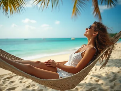 Woman Relaxing In A Hammock On A Tropical Beach
