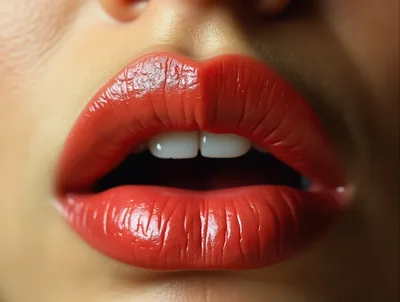 Close Up Of Woman With Glossy Red Lips