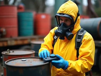 Hazmat Specialist Inspecting Industrial Chemical Waste Barrels