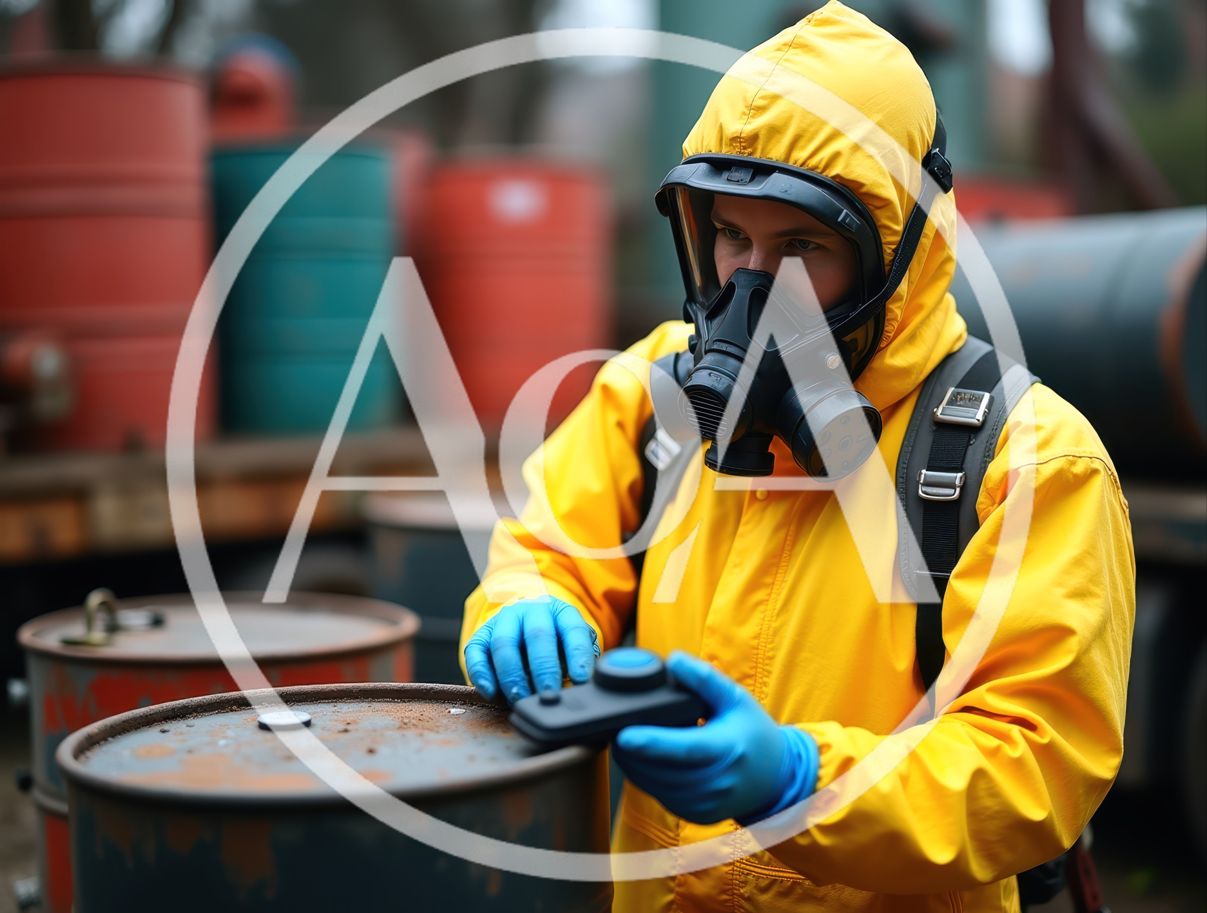 Hazmat Specialist Inspecting Industrial Chemical Waste Barrels