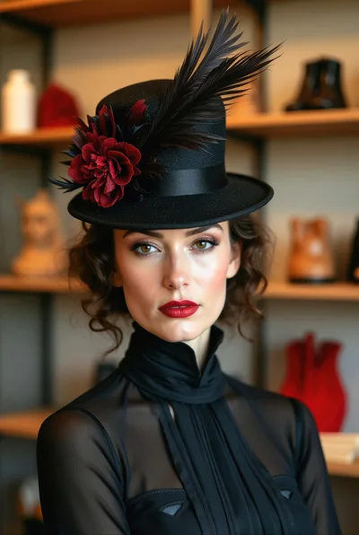 Elegant Woman Wearing Vintage Style Hat And Black Dress