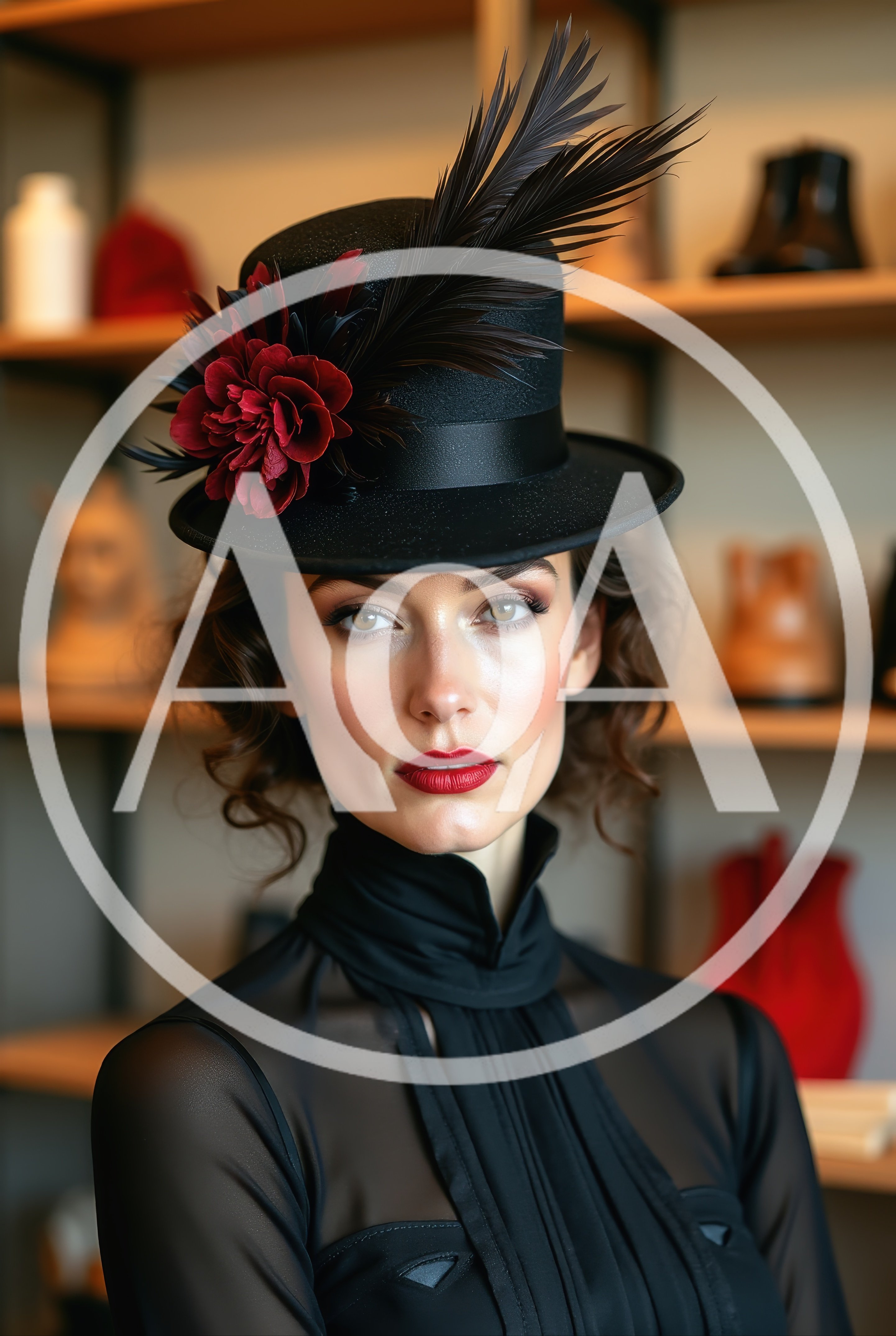 Elegant Woman Wearing Vintage Style Hat And Black Dress