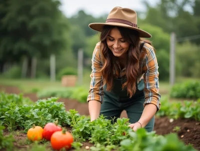 Young Woman Harvesting Fresh Vegetables In A Garden