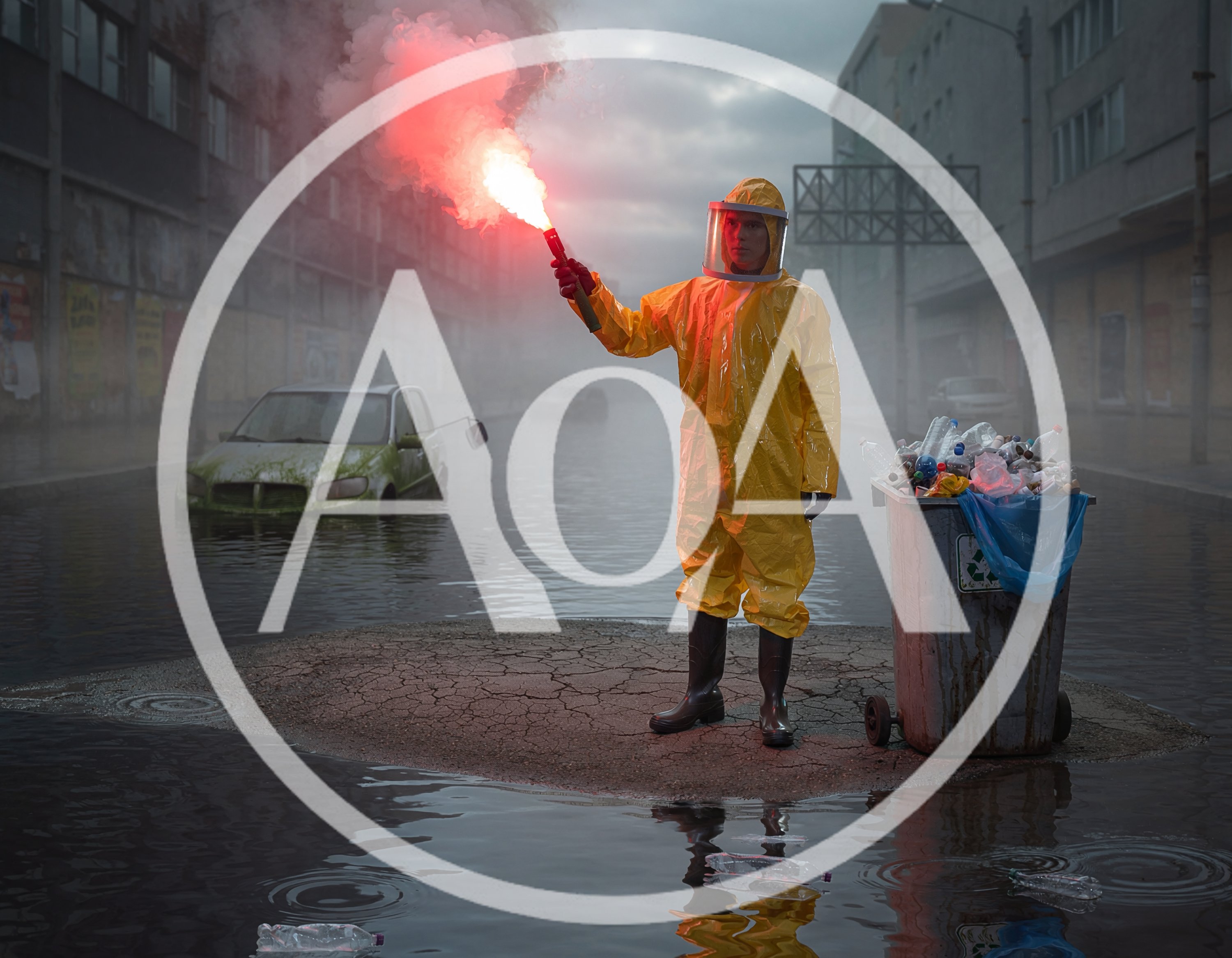 Person in Hazmat Suit Holding Flare in Flooded City