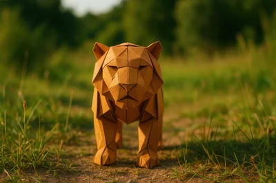 Origami Tiger Sculpture Standing On A Dirt Path