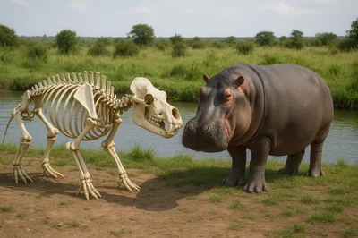 Hippopotamus Standing Beside A Hippopotamus Skeleton
