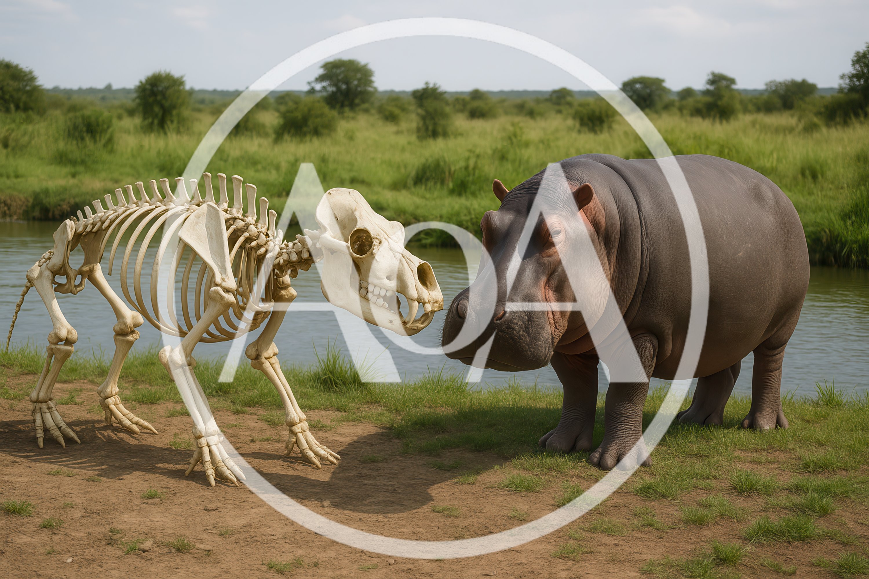 Hippopotamus Standing Beside A Hippopotamus Skeleton