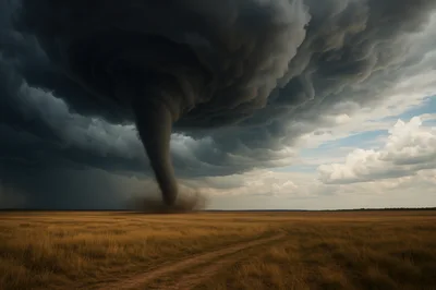 Massive Tornado Touching Down Over Open Grassland