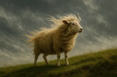 Majestic Sheep Standing On A Windy Grassy Hill