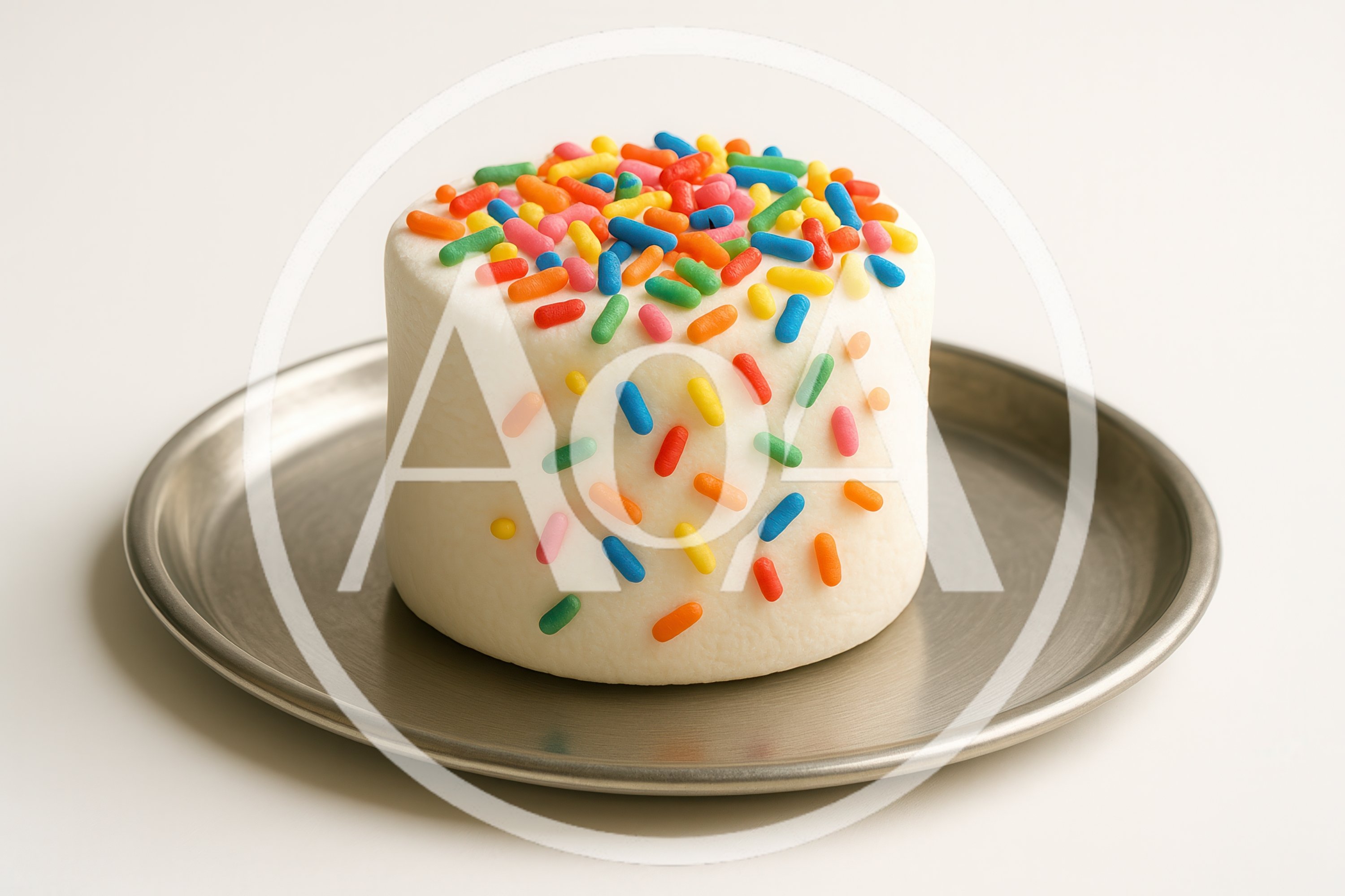 Single Marshmallow With Colorful Sprinkles On Metal Plate