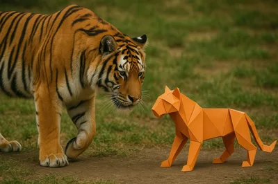 Real Tiger Encountering An Origami Paper Tiger