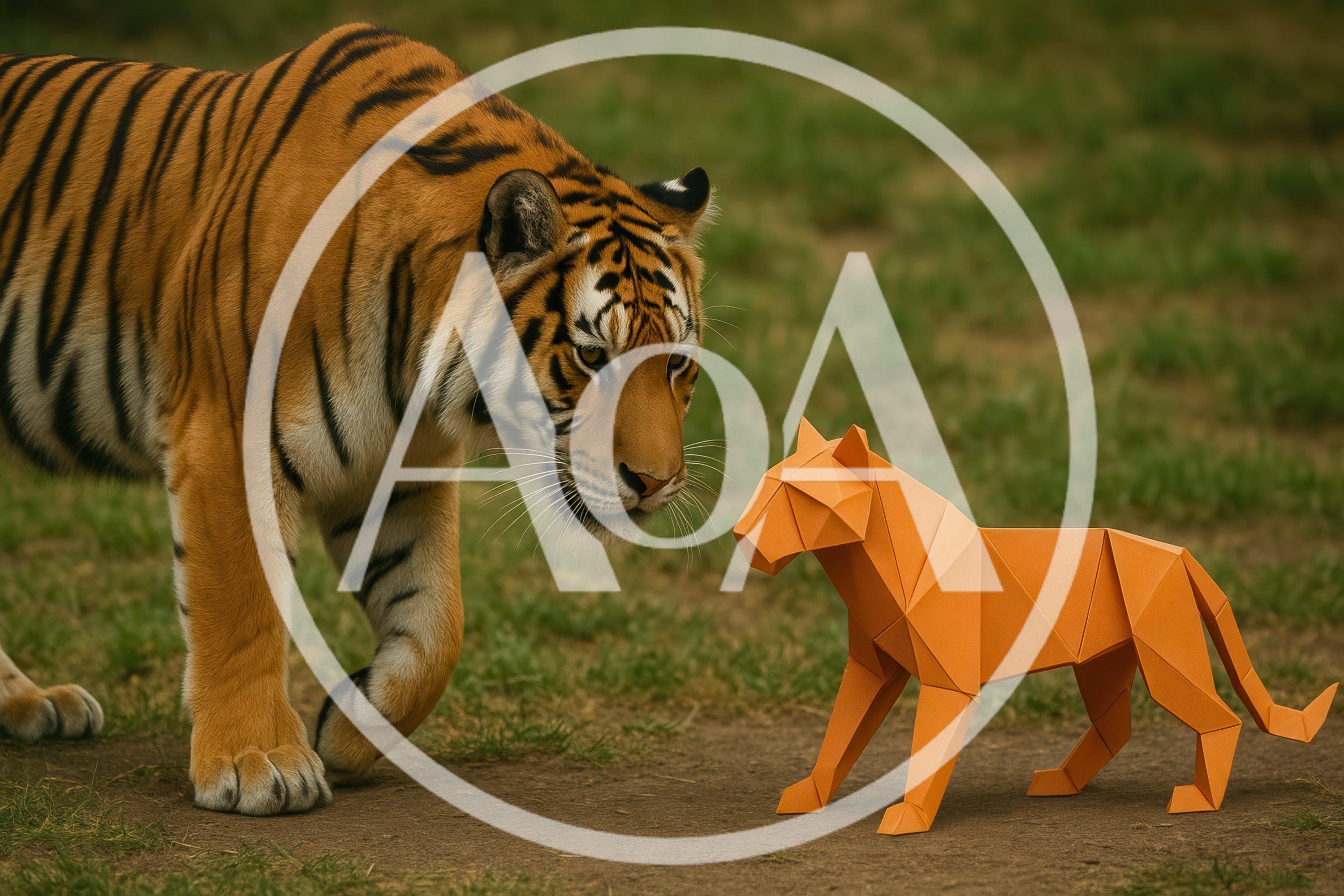 Real Tiger Encountering An Origami Paper Tiger
