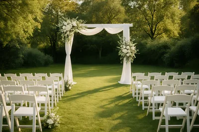 Outdoor Wedding Ceremony Setup With Floral Arch