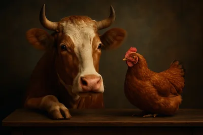 Cow And Chicken Sitting Together On A Wooden Table