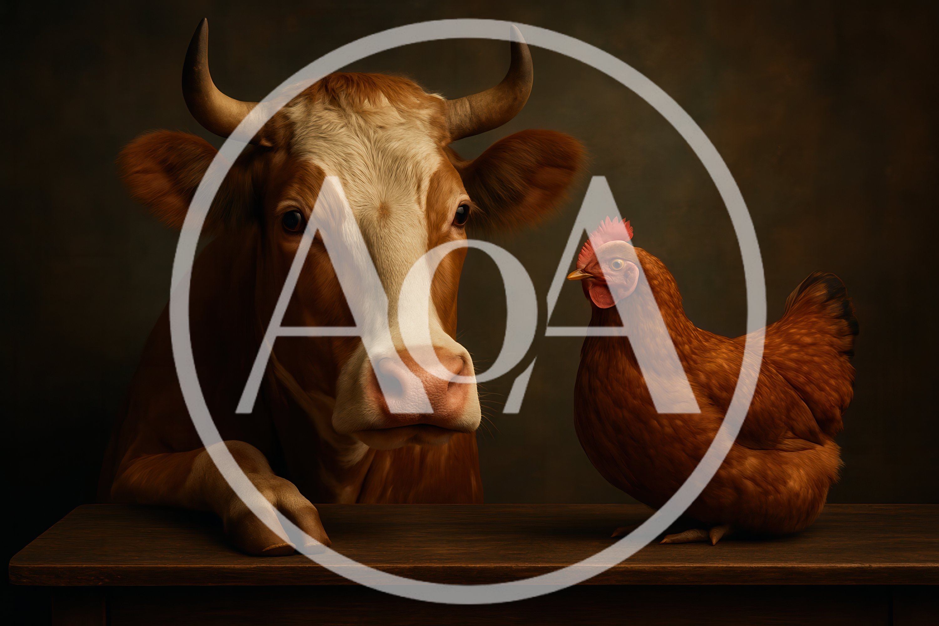 Cow And Chicken Sitting Together On A Wooden Table