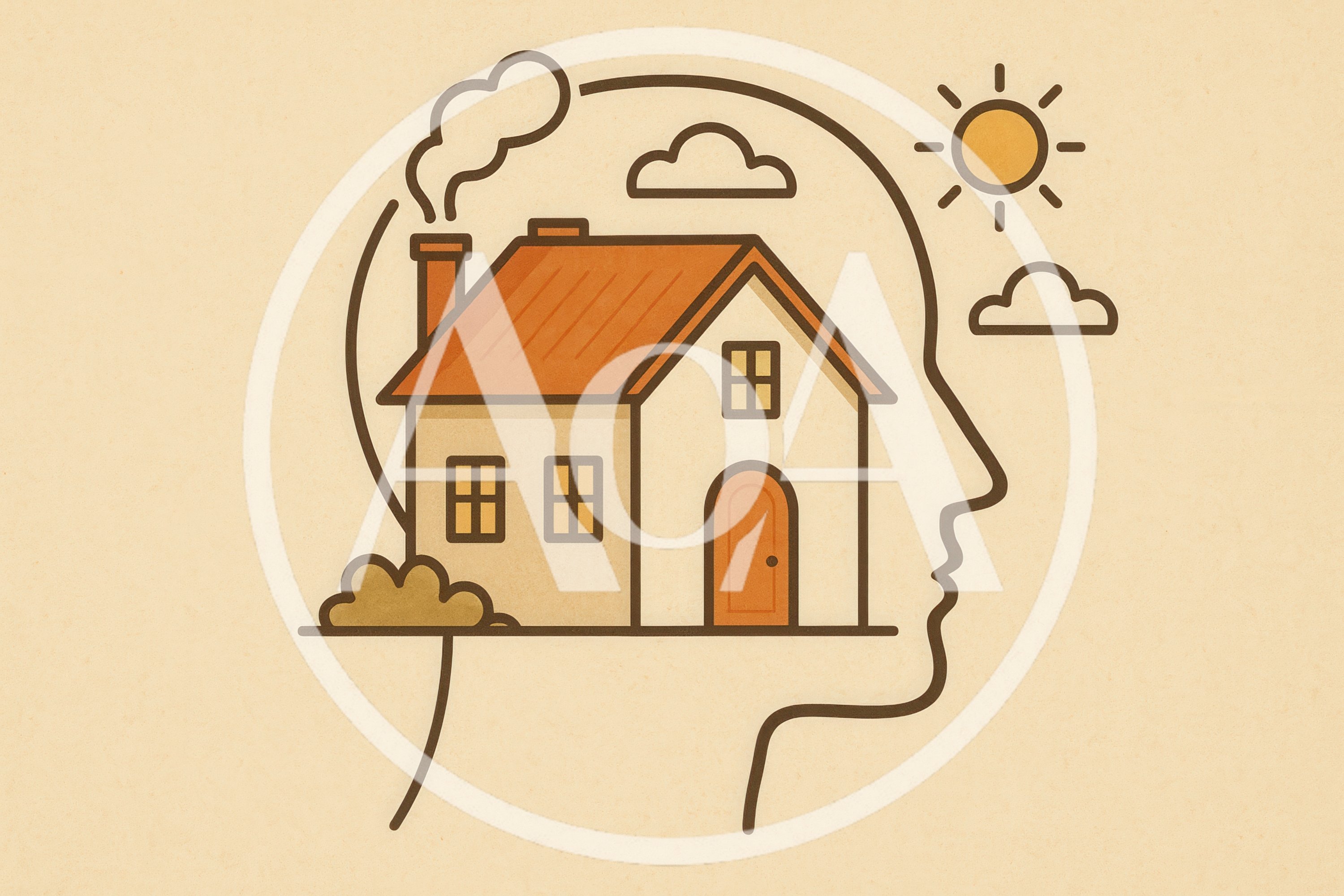 Minimalist Illustration Of A House Inside A Human Head
