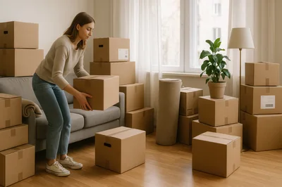 Young Woman Moving Into New Apartment With Cardboard Boxes
