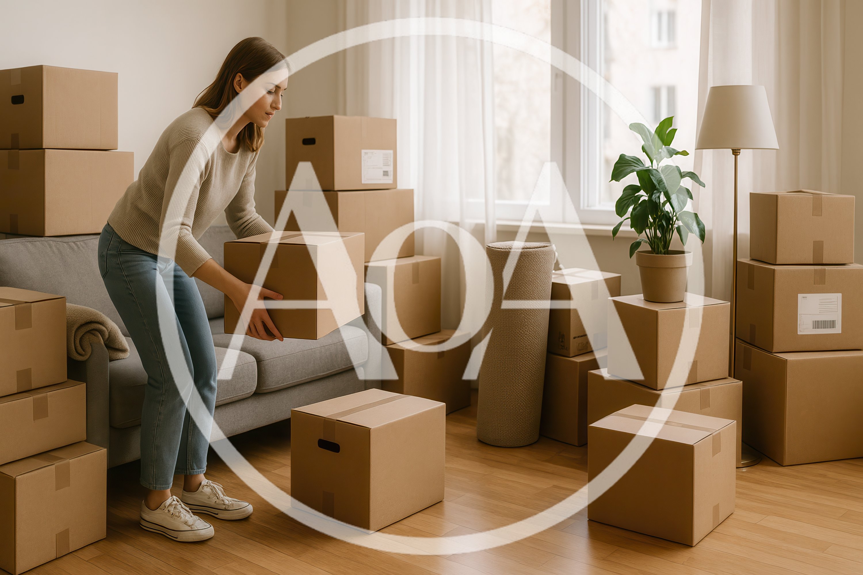 Young Woman Moving Into New Apartment With Cardboard Boxes