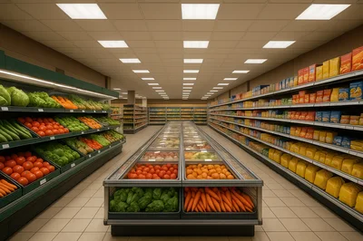 Empty Grocery Store Aisle With Fresh Produce And Groceries