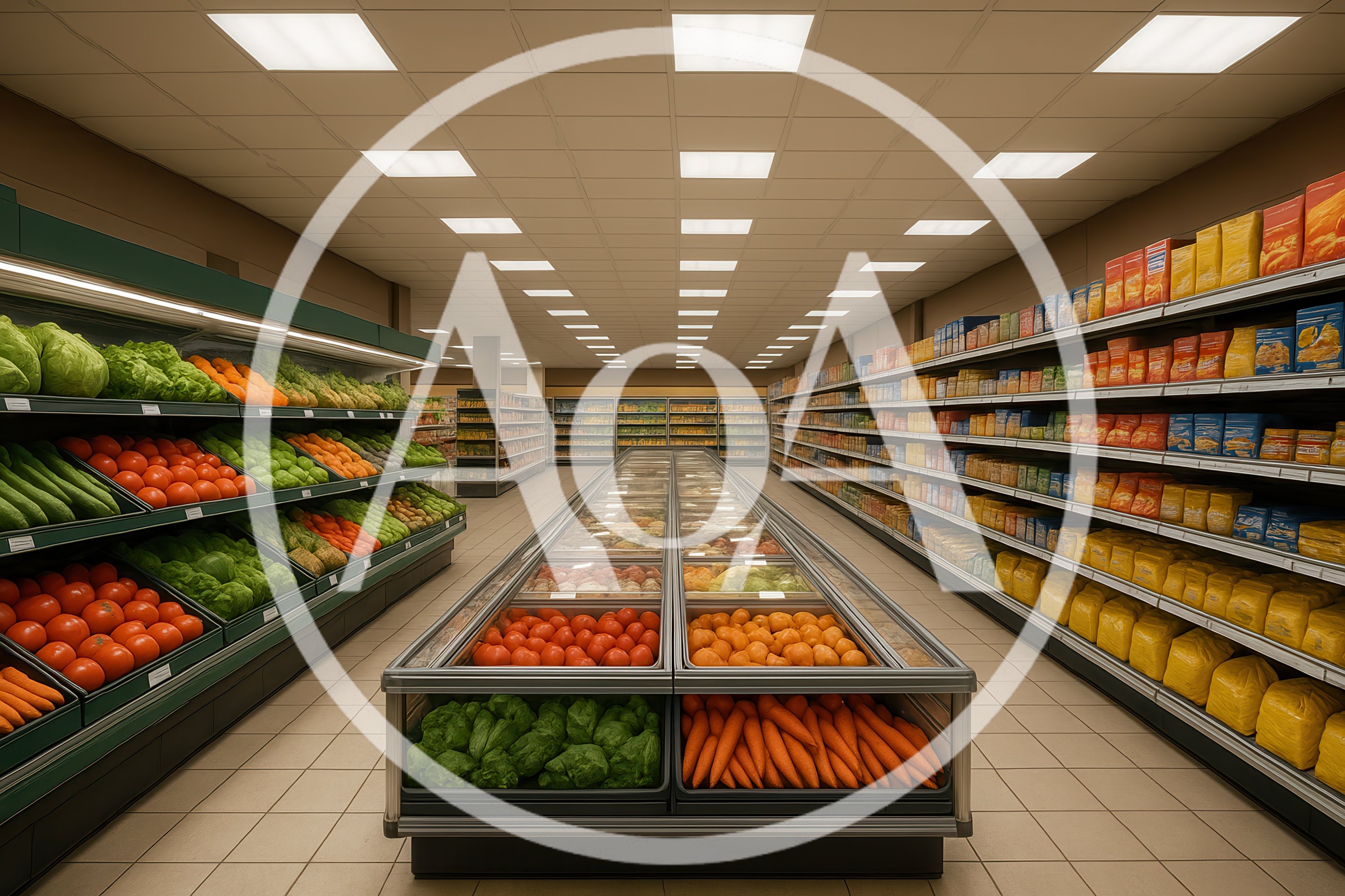 Empty Grocery Store Aisle With Fresh Produce And Groceries