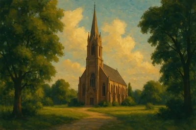 Gothic Revival Church Building In A Peaceful Forest Clearing