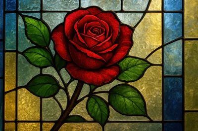 Stained Glass Window Featuring A Vibrant Red Rose