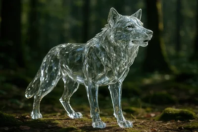 Transparent Water Wolf Sculpture Standing In Forest