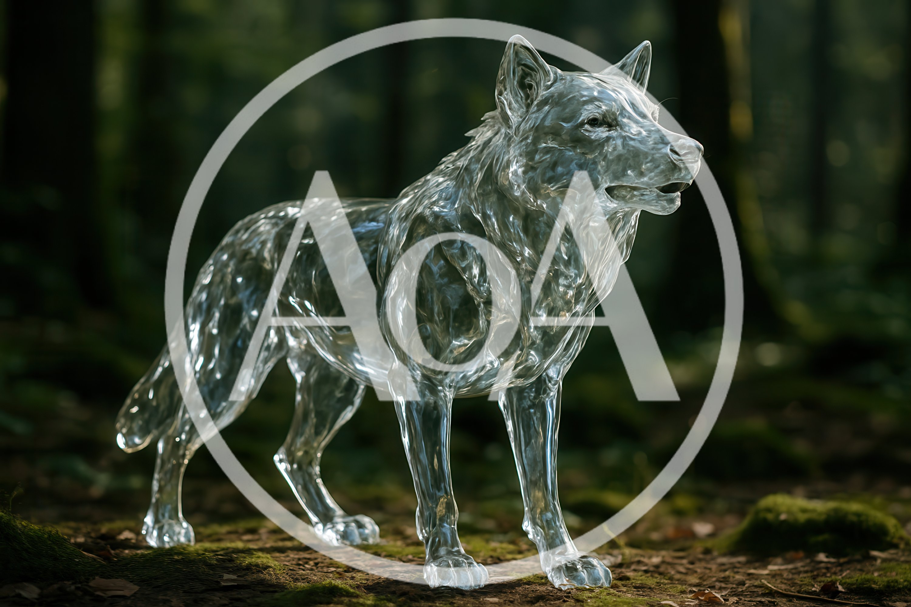 Transparent Water Wolf Sculpture Standing In Forest