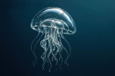 Transparent Glass Jellyfish Floating In Deep Blue Water
