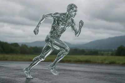 Transparent Glass Human Figure Running Outdoors