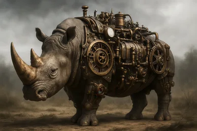 Steampunk Mechanical Rhino With Intricate Brass Machinery