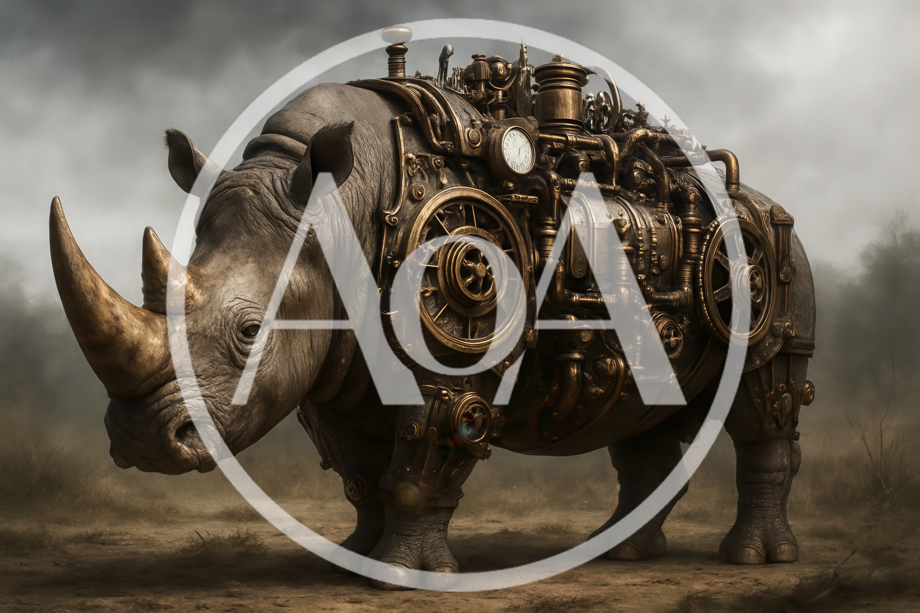 Steampunk Mechanical Rhino With Intricate Brass Machinery